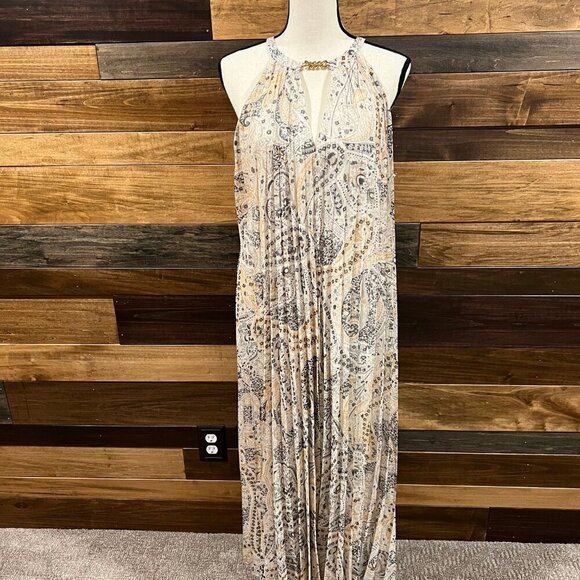 NWT Ann Taylor Shimmer Paisley Chain Pleated Sleeveless Halter Dress, Size Large - Picture 8 of 13
